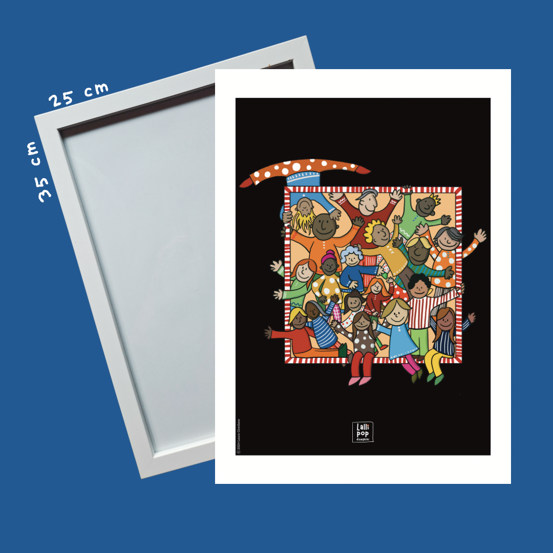 poster con personaggi colorati di laura giordano lallipop disegnini su sfondo nero